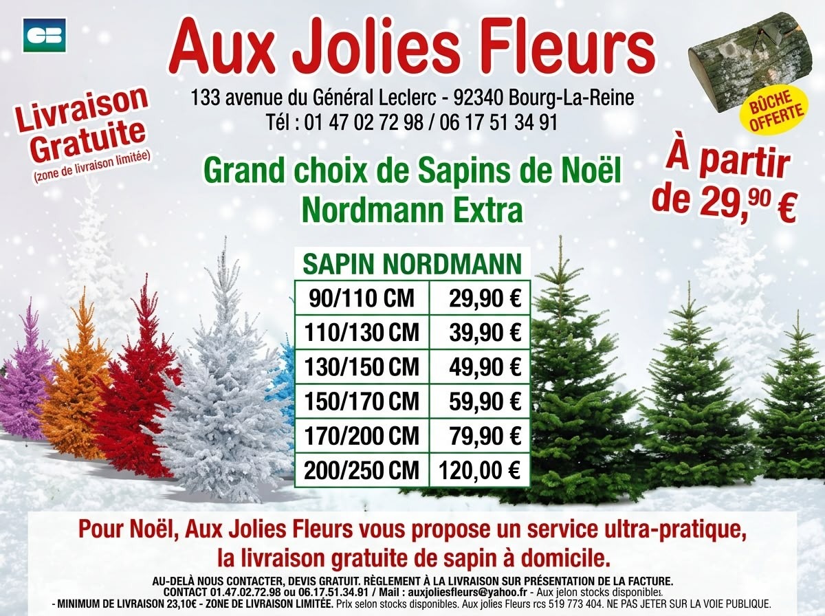 L’affiche des sapins de Noël d’Aux Jolies Fleurs : sapins Nordmann Extra, livraison gratuite, bûche offerte